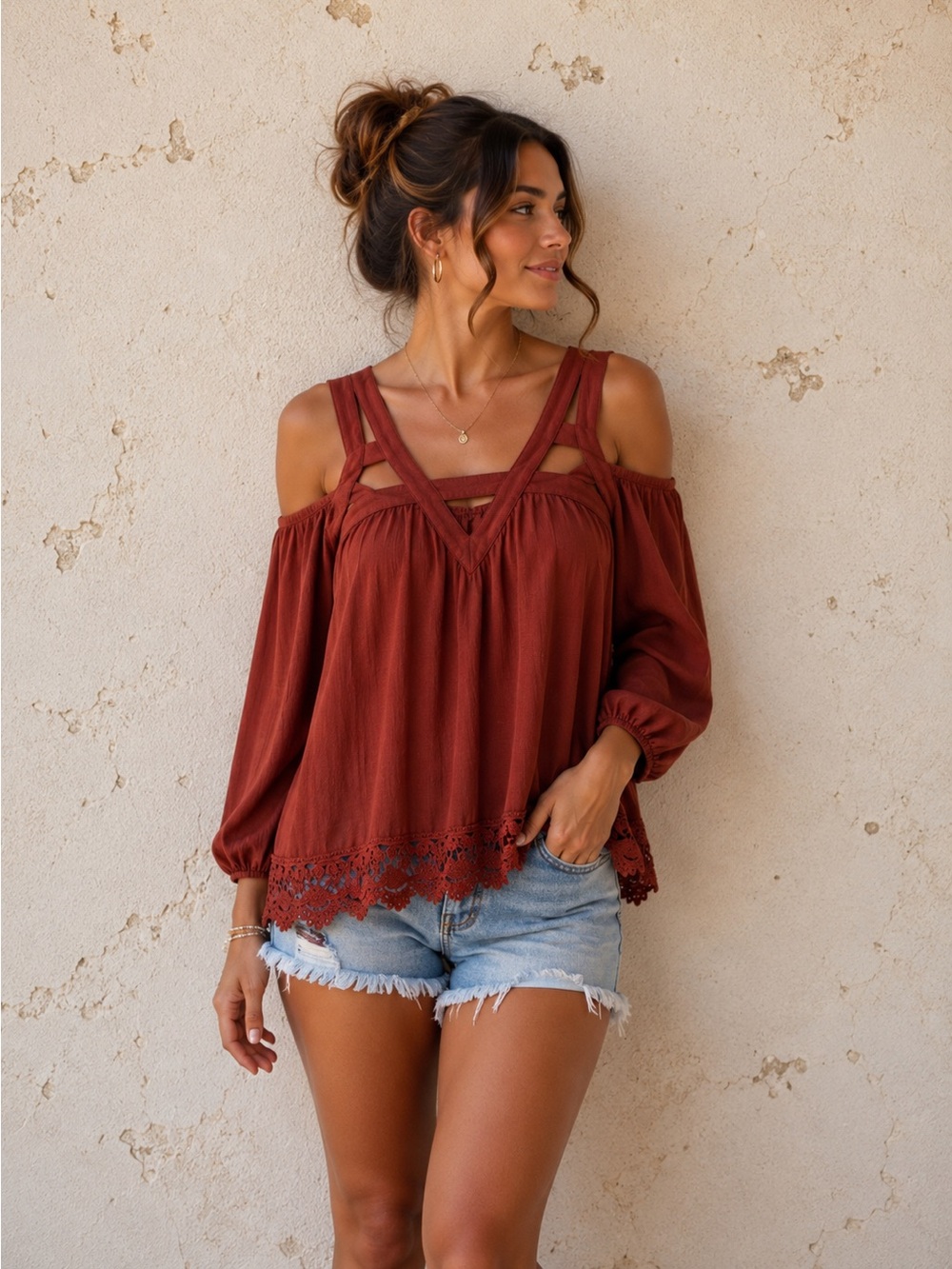 Skylar & Jade Rust Cold Shoulder Boho Blouse Lace Hem Size M Boutique Top